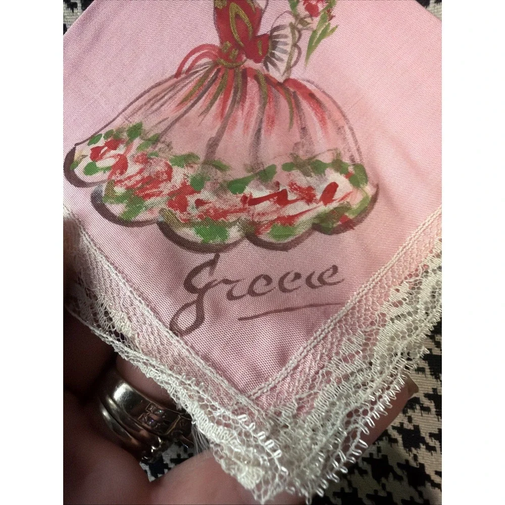 VTG Handpainted Pink Handkerchief Beautiful Lady Souvenir Greece Hankie 1940/50s